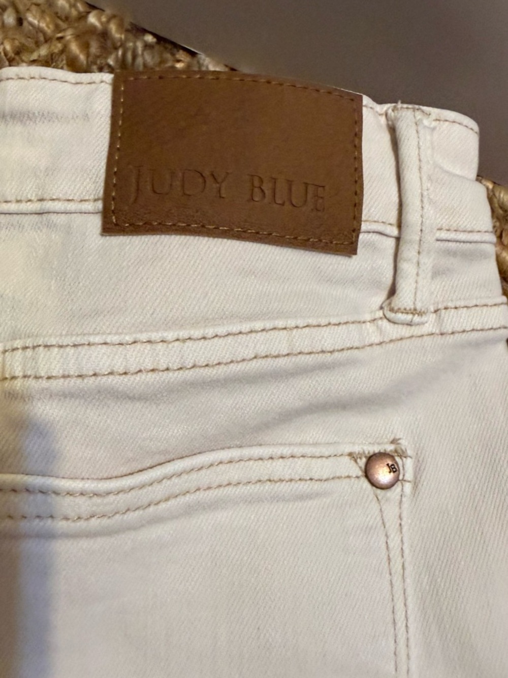 Judy Blue Beige Denim Skinny Jeans with Brown Leather Patch and Stitching